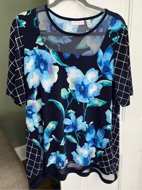 Susan Graver size L Blue Multi Floral Mix Top Mesh Inset at neckline and hem